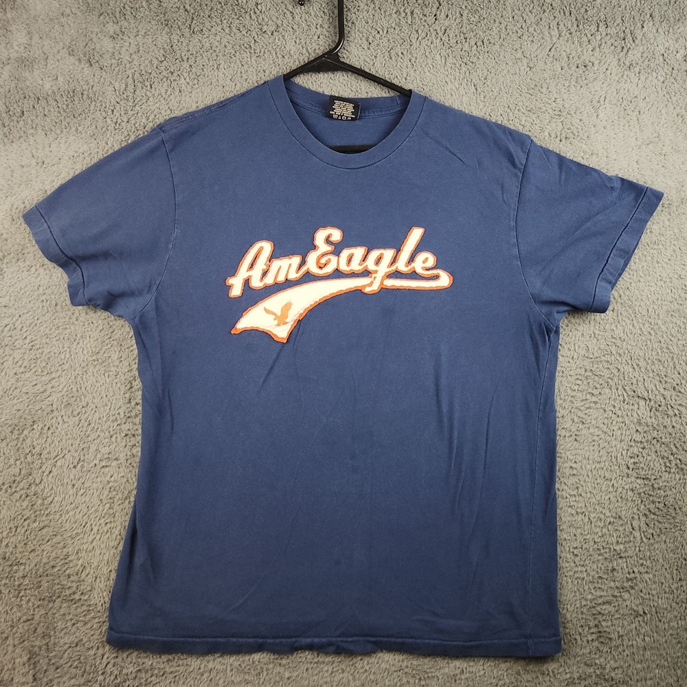 Vintage Y2K American Eagle Shirt Men Large Blue Distressed Graphic Short Sleeve